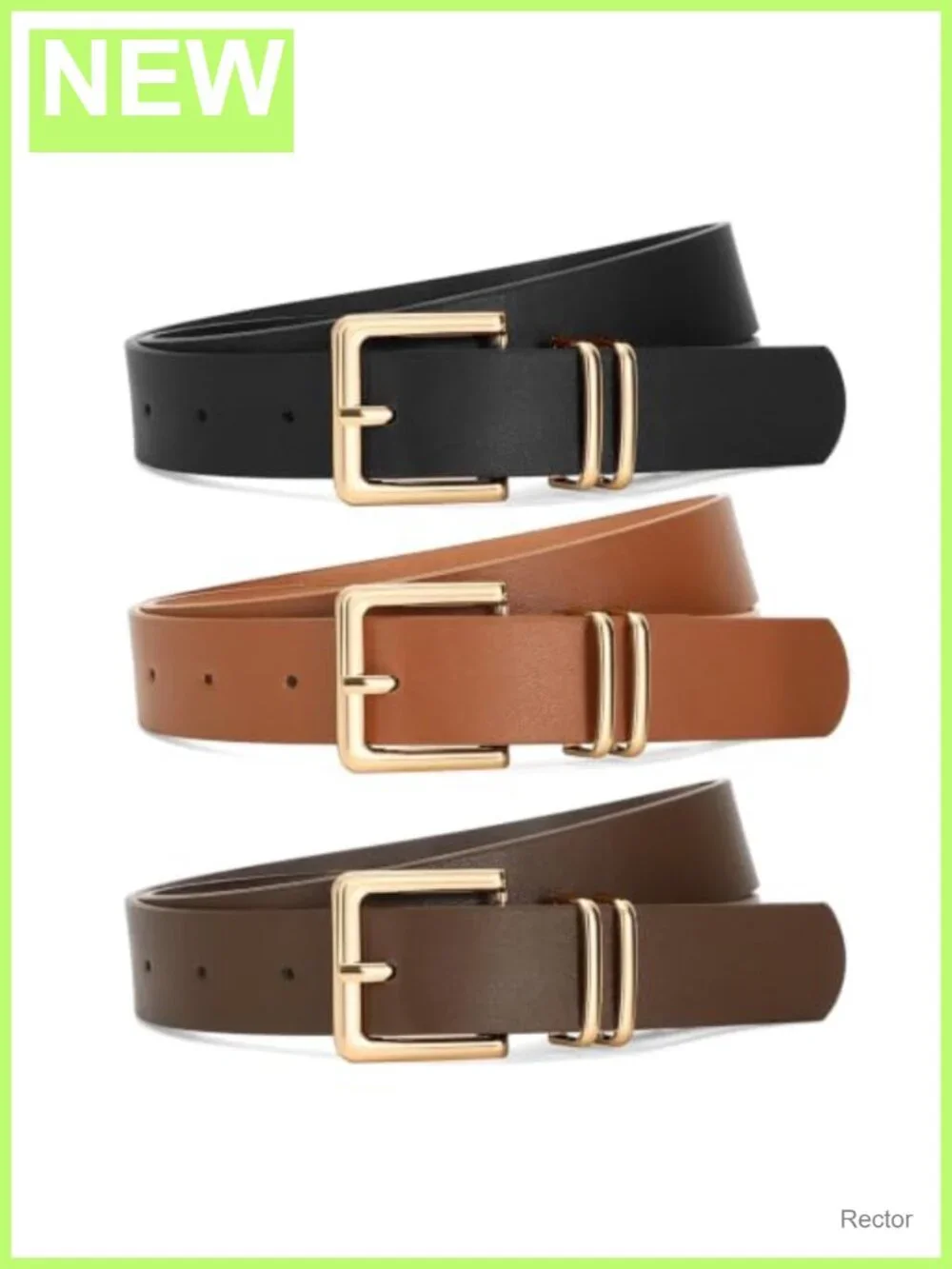 3 Pack Women Faux Leather Belts with Gold Square Buckle